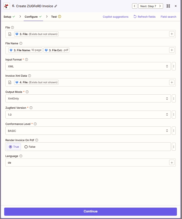 Clicca per ingrandire Azione Zapier PDF4me Crea fattura ZUGFeRD nella fase Configura: File e nome file dalle fasi precedenti, formato di input XML, dati XML della fattura mappati da una fase precedente, modalità di output XmlOnly, versione Zugferd 1.0, livello di conformità BASIC, renderizza fattura su PDF vero, lingua de